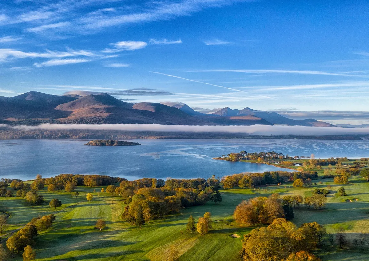 Aerial view of Killarney's lakes and Macgillycuddy's Reeks mountains at dawn