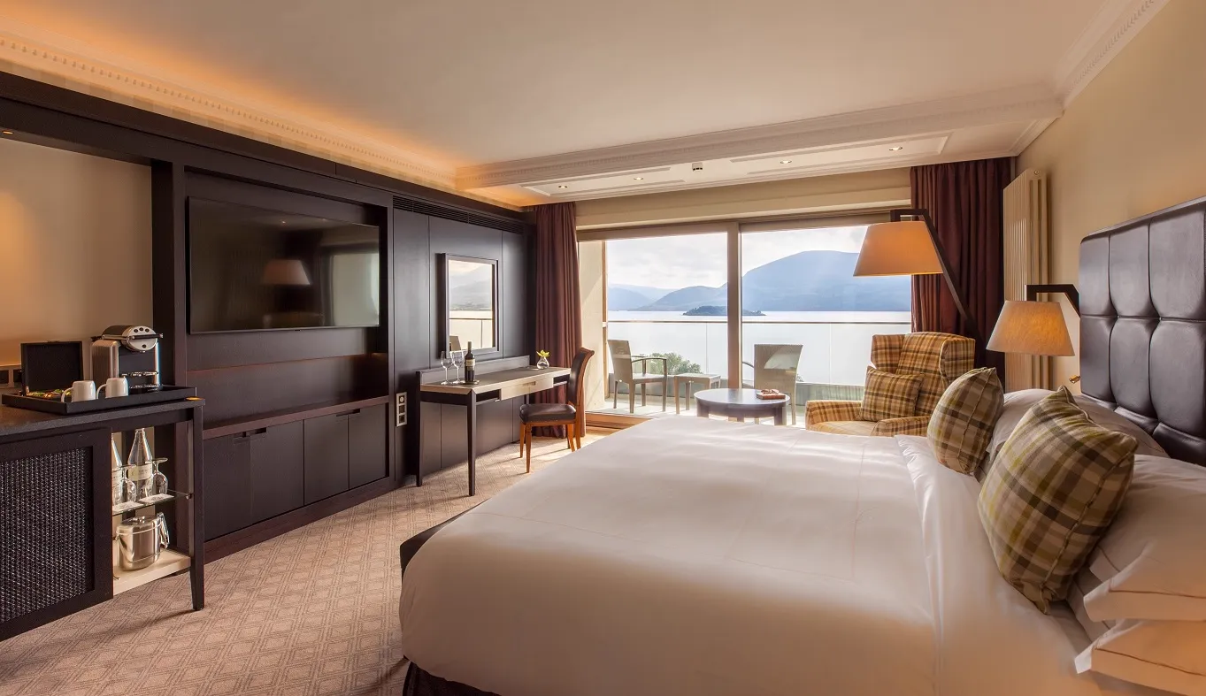 The Europe Hotel lake-view suite with balcony facing Lough Leane and the Reeks