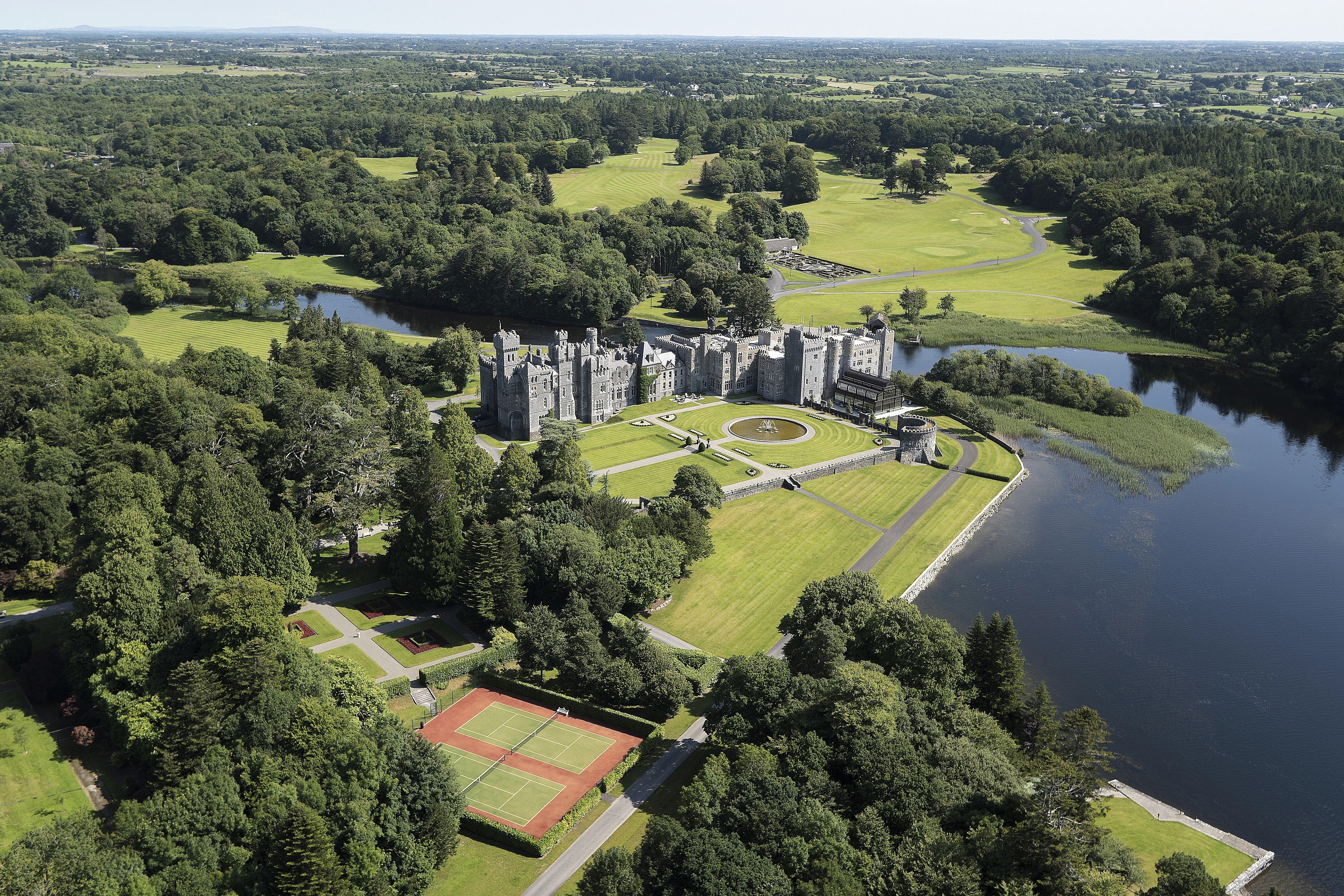 Ashford Castle aerial view showing the 350-acre estate on Lough Corrib