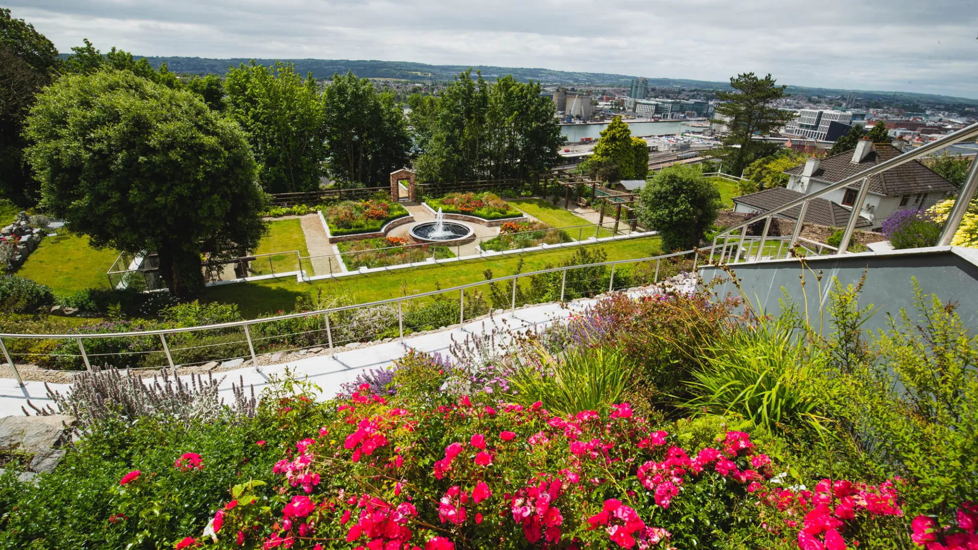 The Montenotte Victorian gardens with fountain and Cork city and harbour beyond