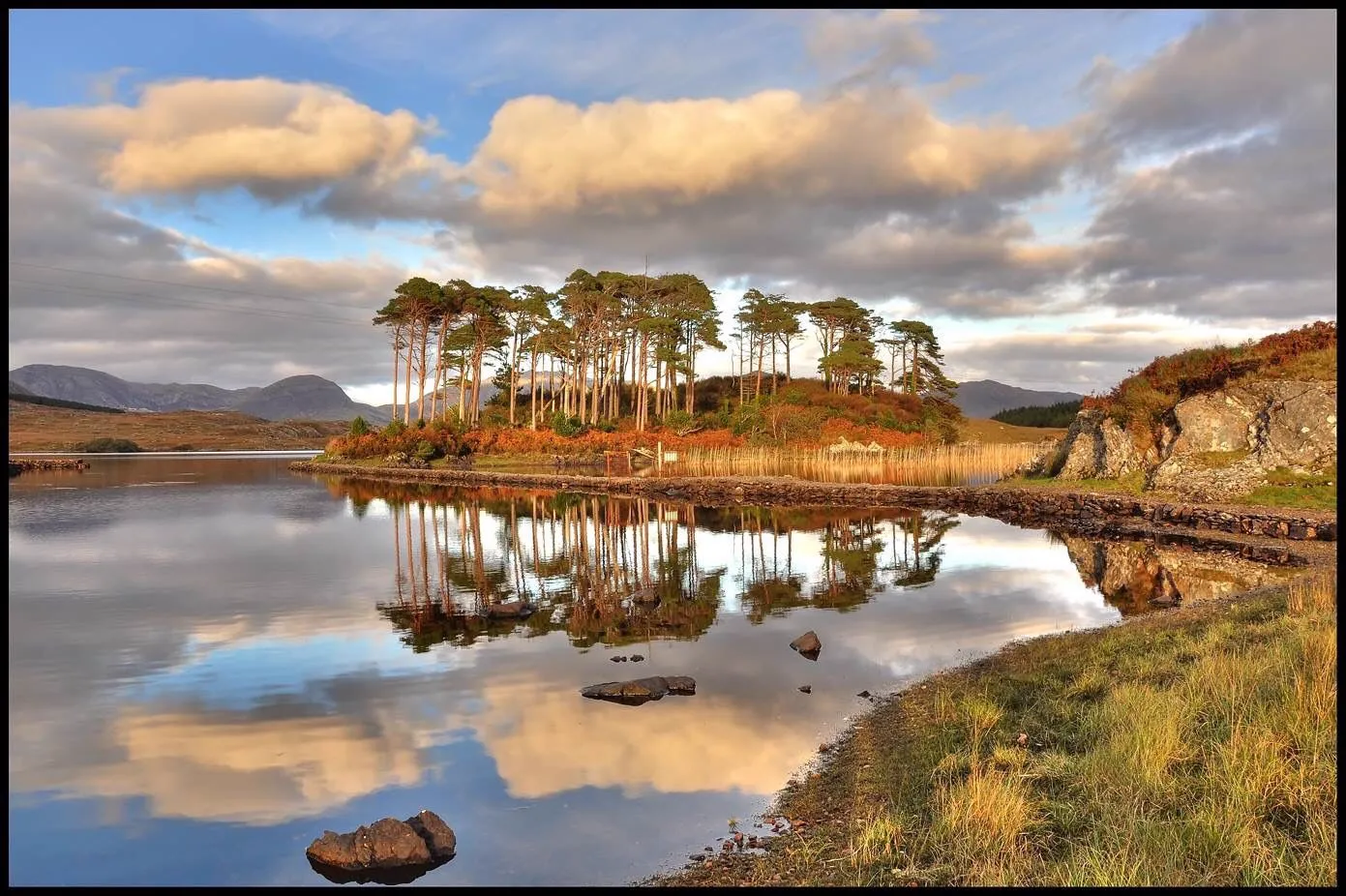 Derryclare Lough in Connemara with pines reflected on still water and mountains beyond