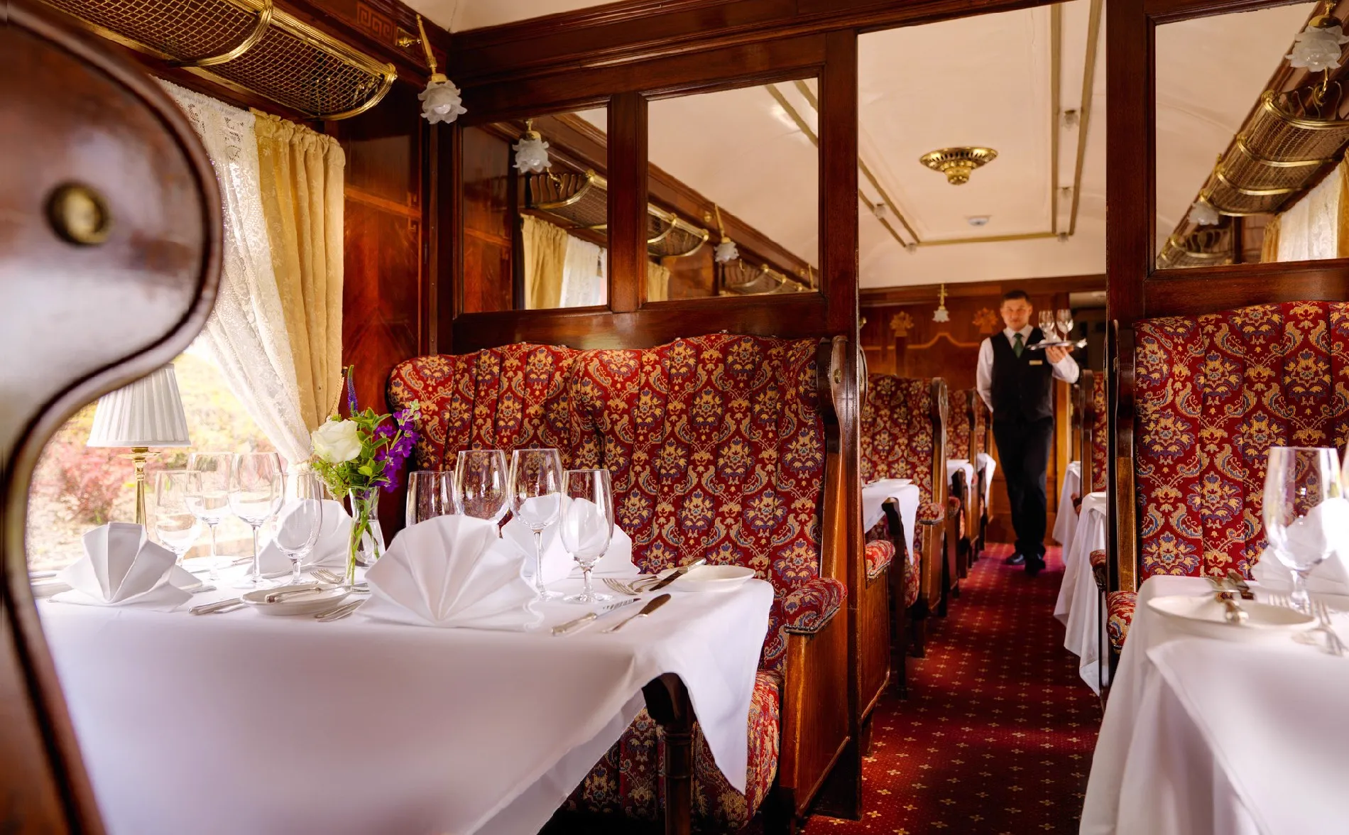 Pullman Restaurant at Glenlo Abbey — dinner service in a 1920s Orient Express railway carriage